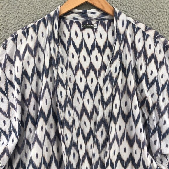 Earthbound Top Womens Small Blue Ikat Kimono Tassel Dolman Short Sleeves Open - Picture 2 of 10